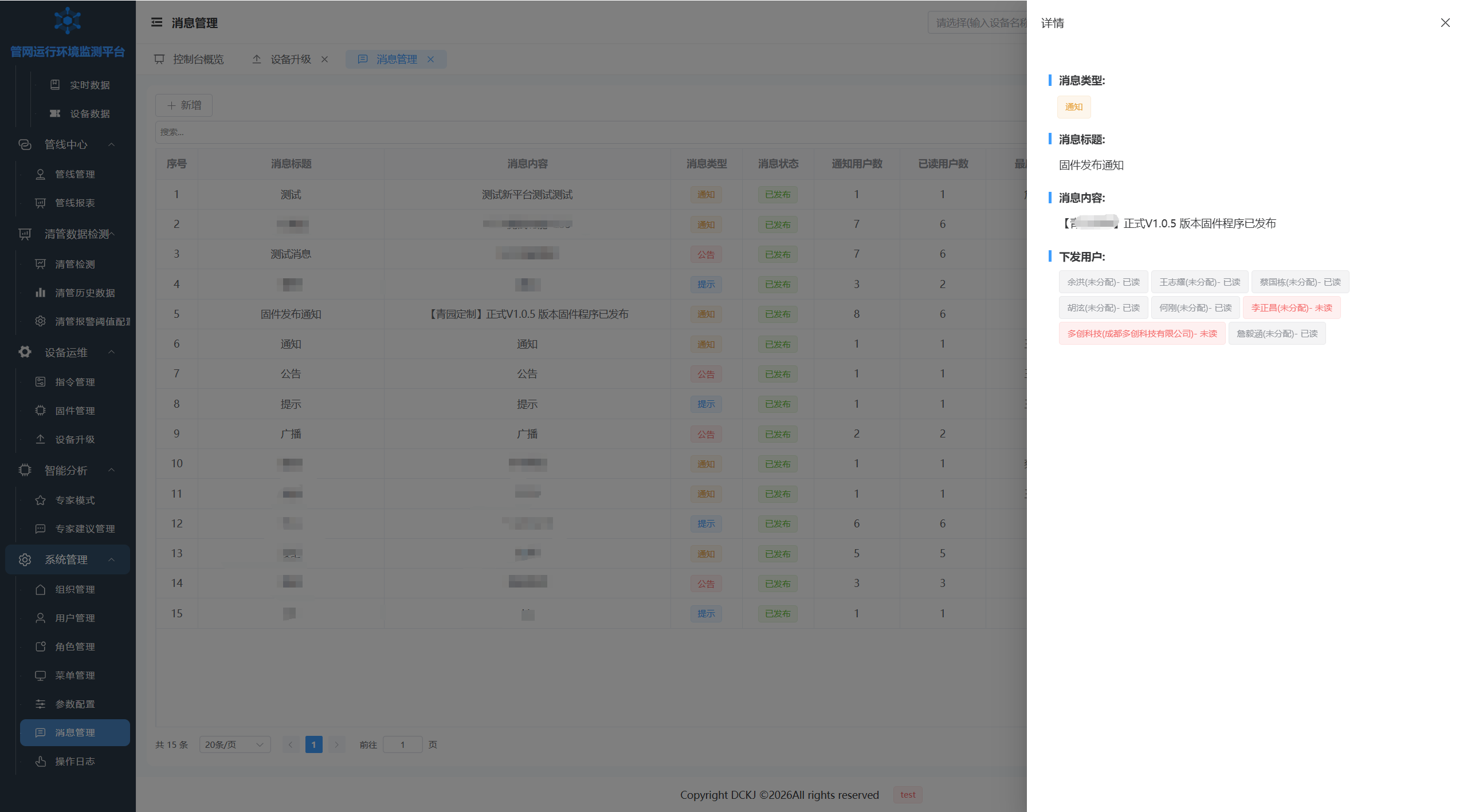 消息详情 - 类型、标题、内容与各用户已读状态